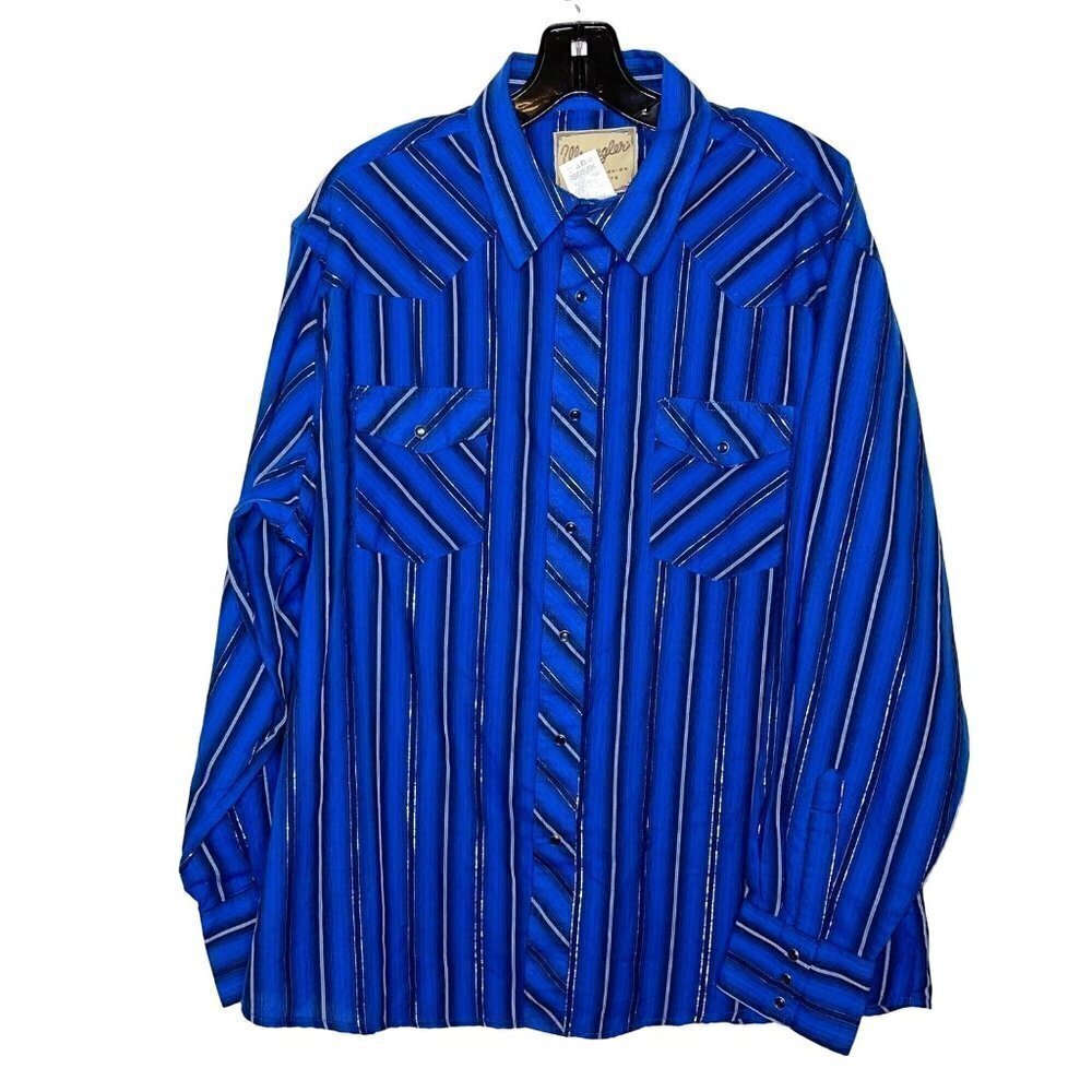 Wrangler Mens Shirt Size XL Vintage Western Snap Front Cuff Metallic Thread Blue